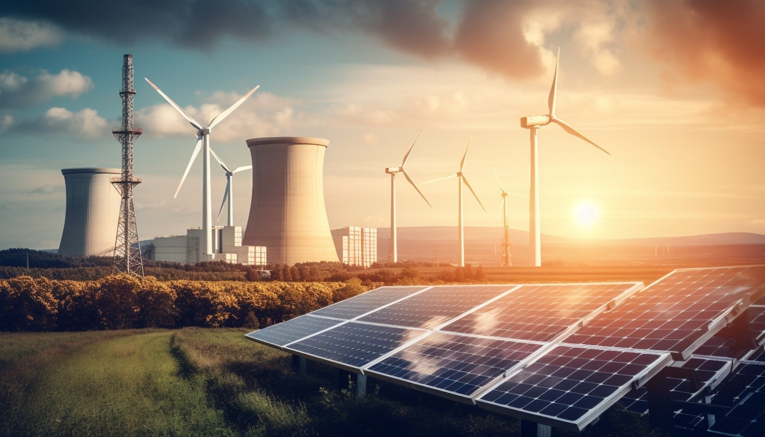 A landscape shows solar panels, wind turbines, and nuclear cooling towers generating electricity at sunset.