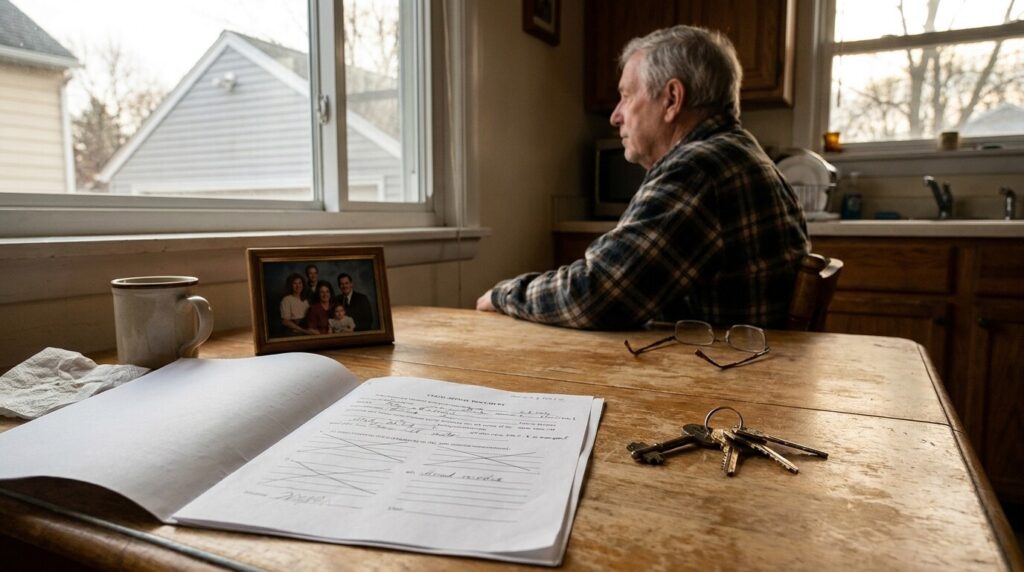 elderly man seated at kitchen table with signed legal document, keys, and family photo