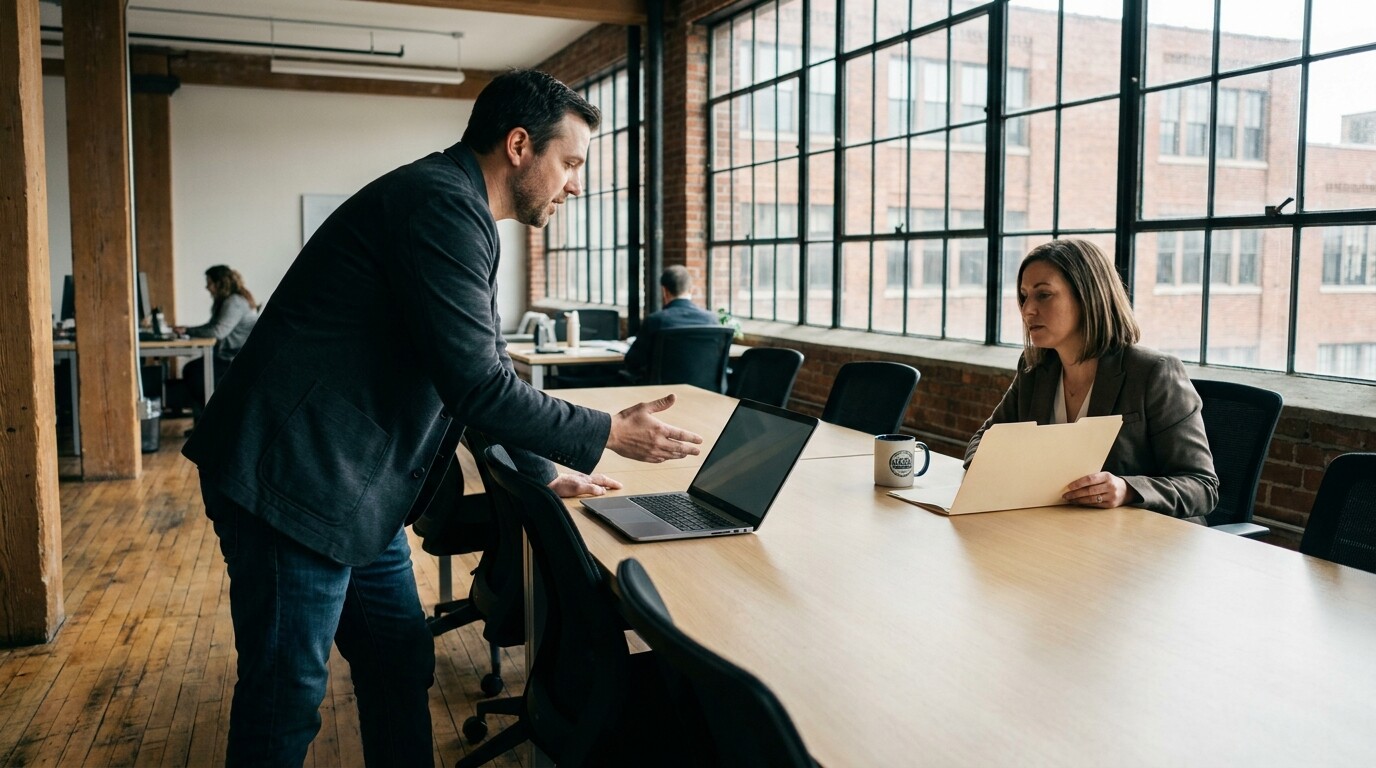man standing at conference table presenting laptop to seated woman holding folder