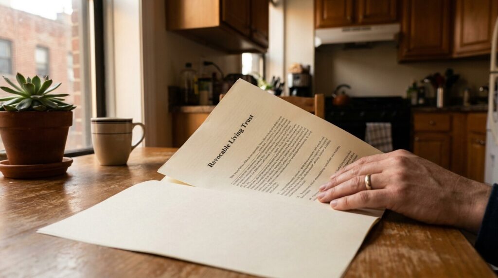 person holding Revocable Living Trust document over folder on kitchen table
