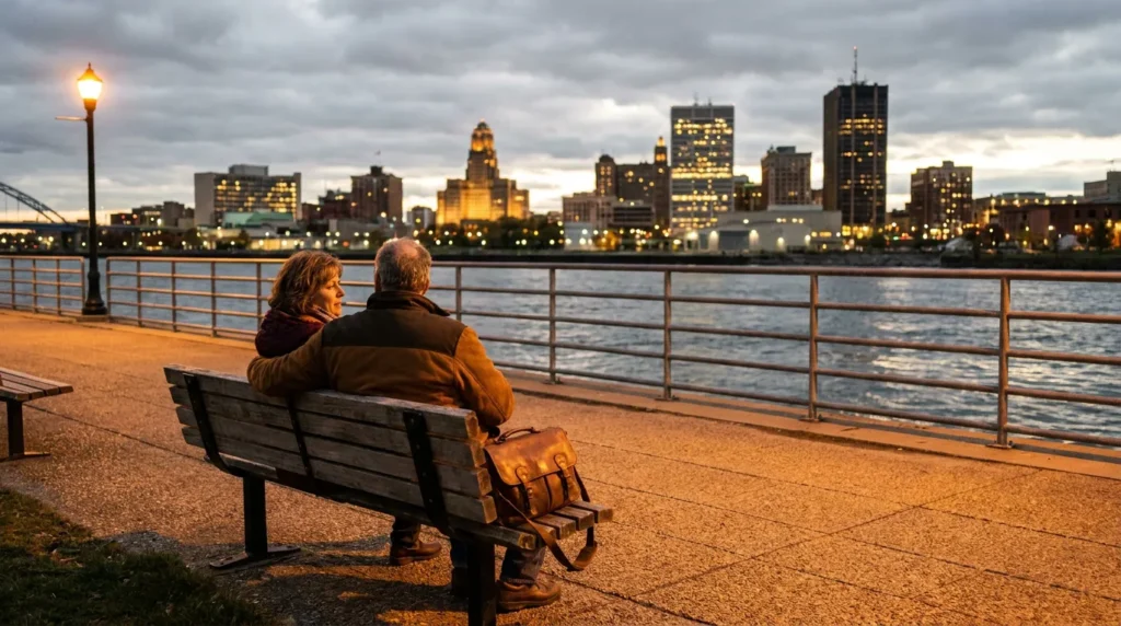two people seated on bench along waterfront with city skyline at dusk
