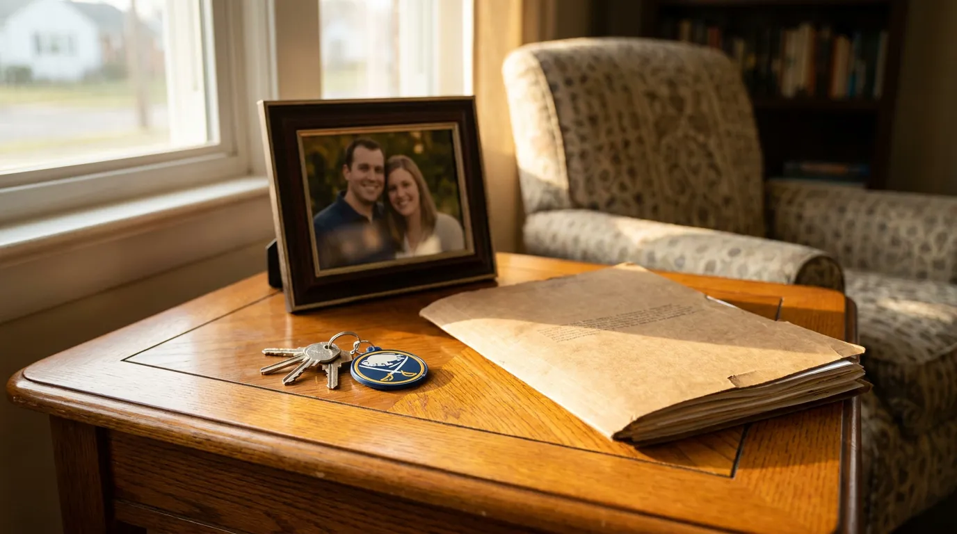 framed couple photo, keys with sports keychain, and documents on wooden table