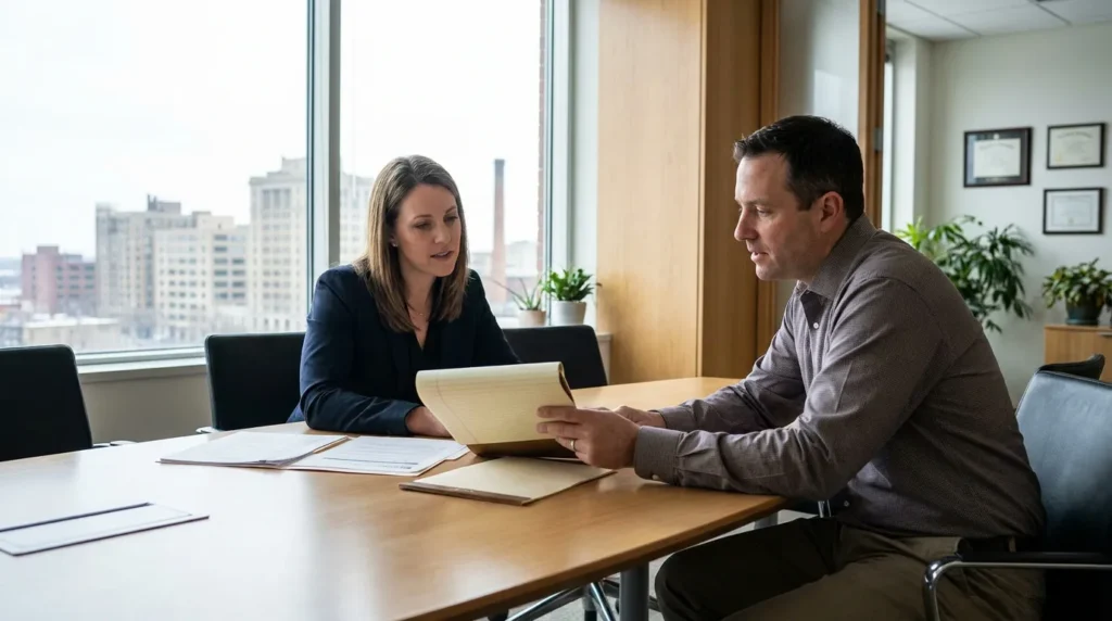 attorney and client reviewing legal documents together in conference room