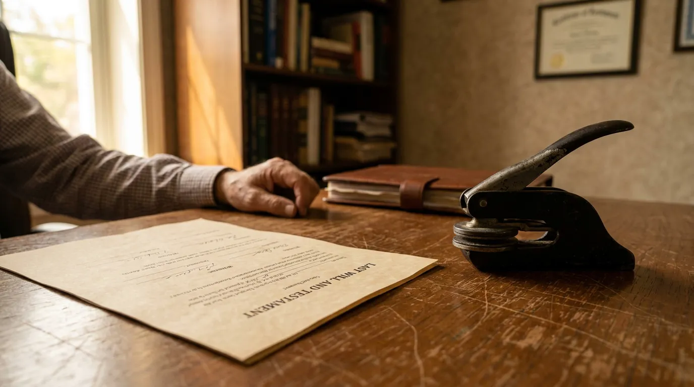 Last Will and Testament document beside notary seal embosser on wooden desk