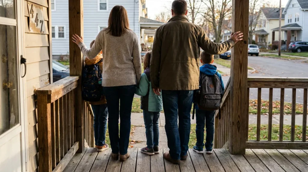 two adults and three children with backpacks standing on residential home porch