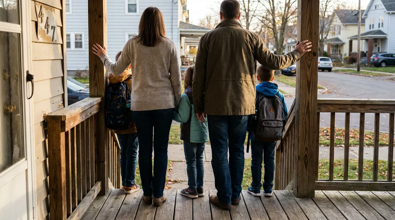 two adults and three children with backpacks standing on residential home porch