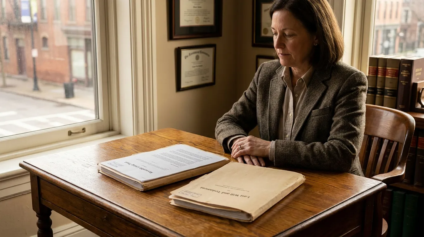 attorney reviewing Last Will and Testament document at office desk with framed certificates