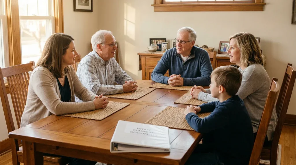 multigenerational family gathered around dining table with Estate Planning Documents binder