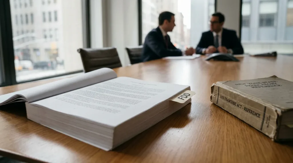 FDD document and NTS Franchise Act reference book on conference table with two attorneys