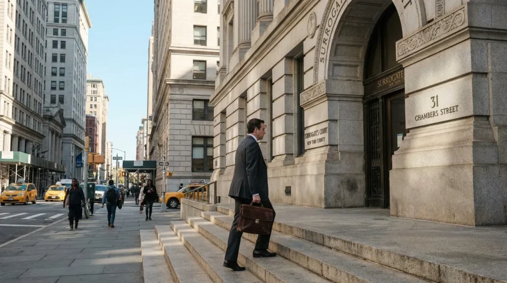 suited attorney carrying briefcase ascending steps of Surrogate's Court 31 Chambers Street New York