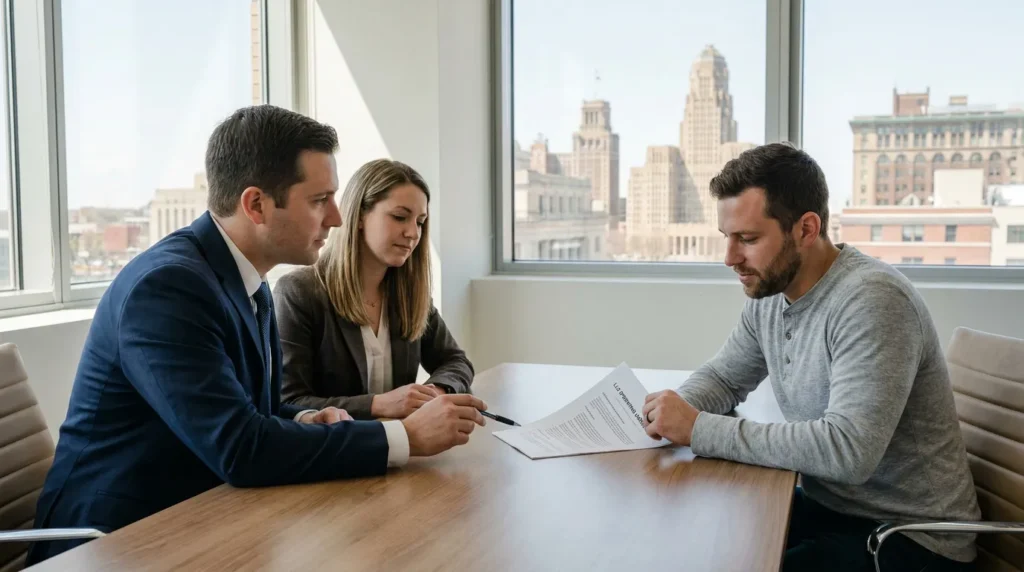 two attorneys reviewing legal document with client at conference room table
