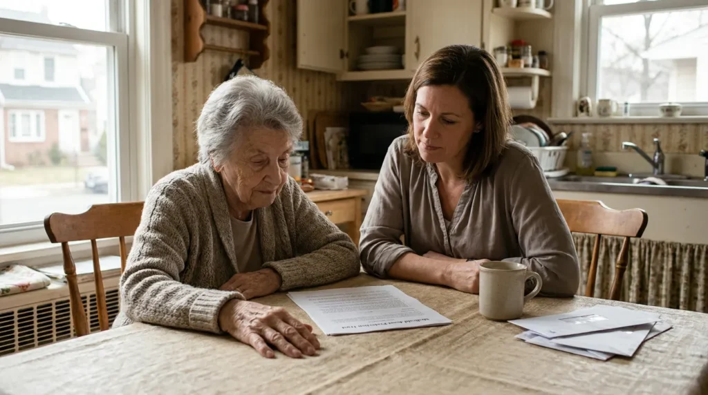 elderly woman and younger woman reviewing Medicaid Asset Protection Trust document at kitchen table