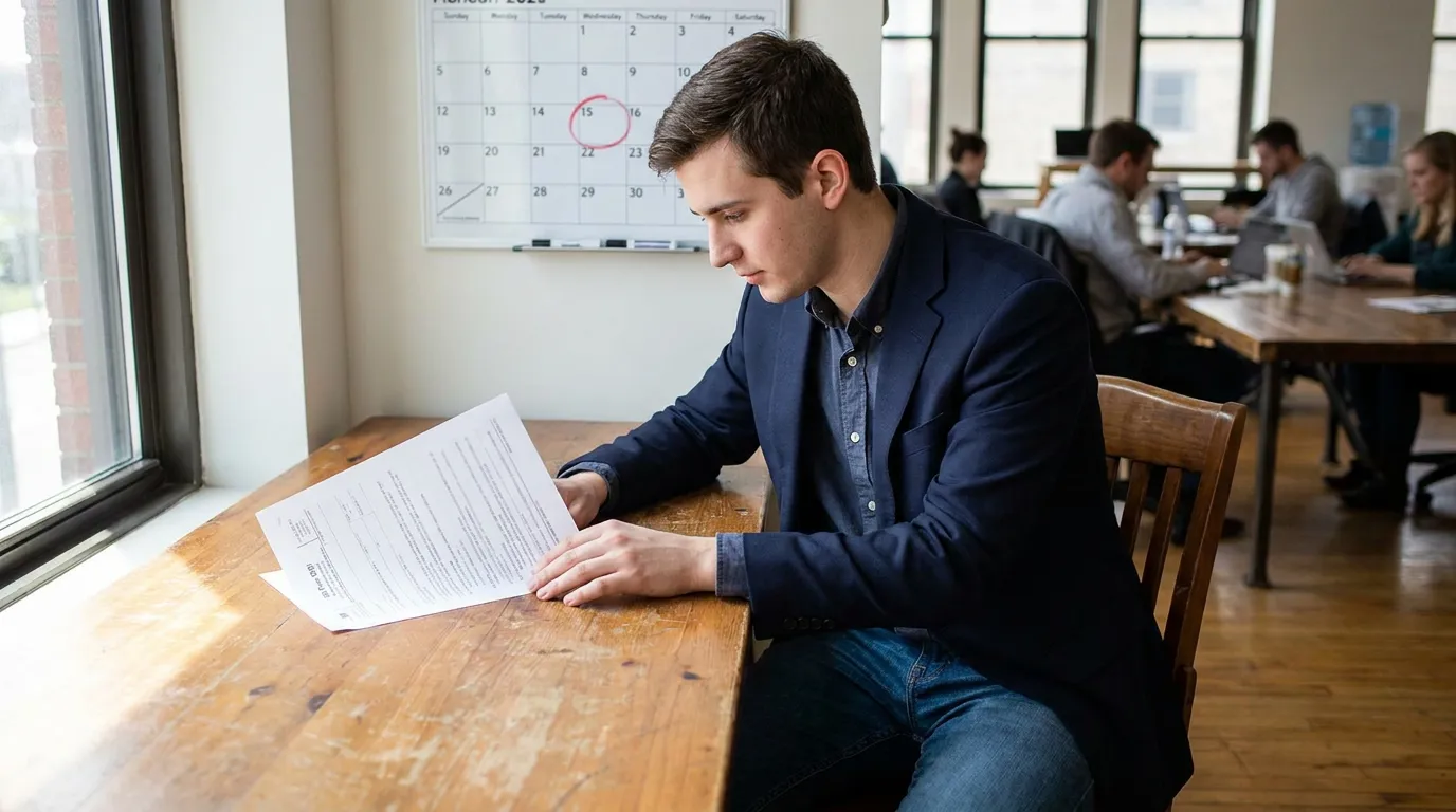 man in blazer reviewing printed legal document at wooden desk near calendar