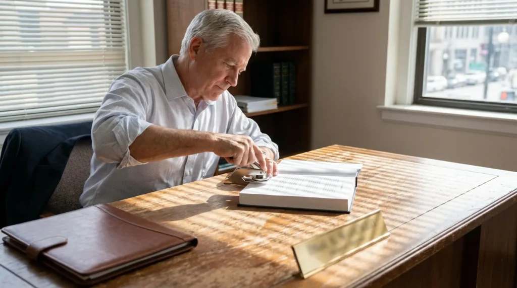 senior attorney stamping legal document at wooden office desk with law books