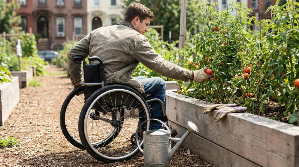 wheelchair user wearing gloves picking tomatoes from raised garden bed outdoors