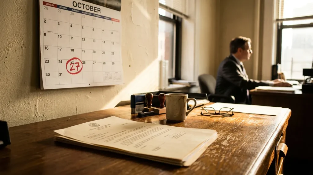 October calendar with circled deadline date beside legal documents on attorney's desk